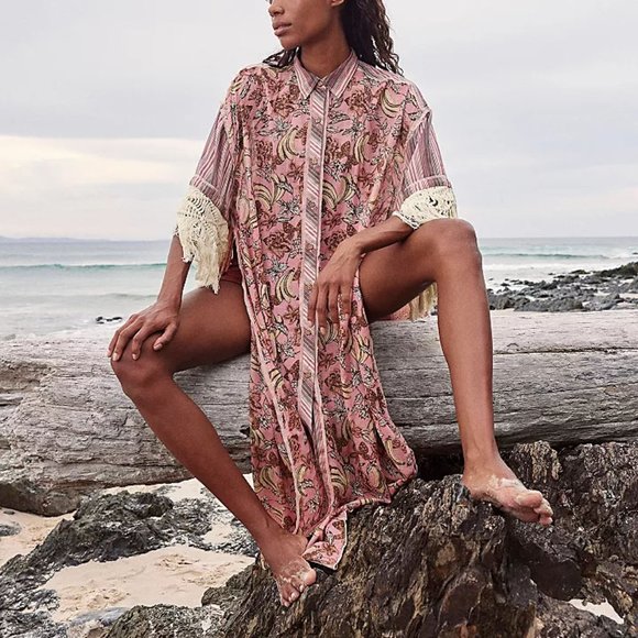 FREE PEOPLE Watching Waves Maxi Shirt / Mauve Combo NWT - Picture 6 of 11